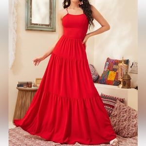 Red Bust Gathering Back Tie Up Flared Dress main image 0